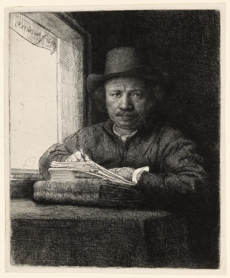 An etched self-portrait: a man in a hat seated at a window, working at a sheet on the sill, the light falling across his hands.